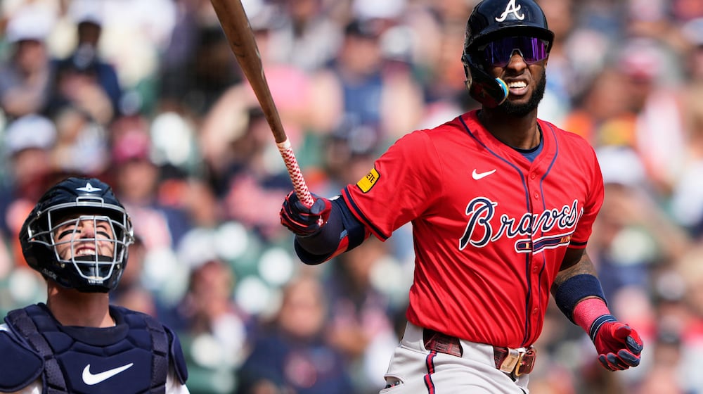 FILE - Atlanta Braves' Jurickson Profar reacts after fouling off a pitch during the fifth inning of a baseball game against the Detroit Tigers, Saturday, Sept. 20, 2025, in Detroit. (AP Photo/Ryan Sun, File)