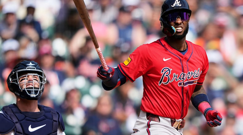 FILE - Atlanta Braves' Jurickson Profar reacts after fouling off a pitch during the fifth inning of a baseball game against the Detroit Tigers, Saturday, Sept. 20, 2025, in Detroit. (AP Photo/Ryan Sun, File)
