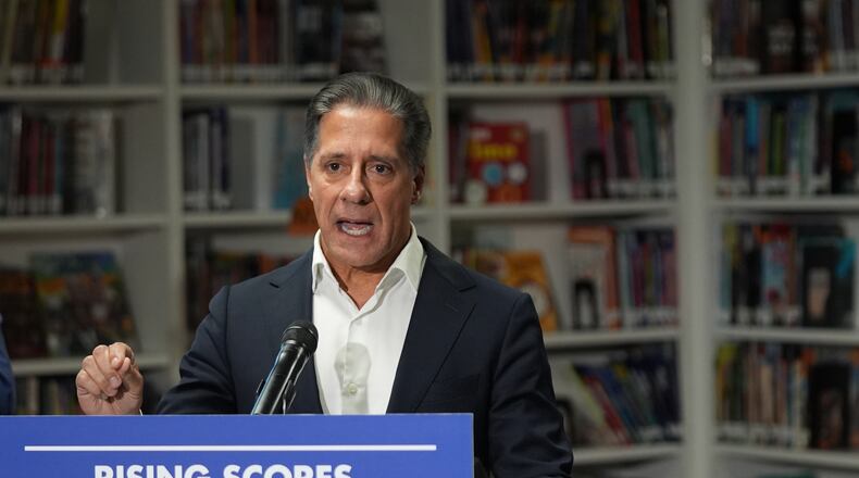 FILE - Alberto Carvalho, Superintendent of Los Angeles Unified School District speaks about students' improved rising scores before Gov. Gavin Newsom signed legislation related to student literacy in Los Angeles on Thursday, Oct. 9, 2025. (AP Photo/Damian Dovarganes, File)