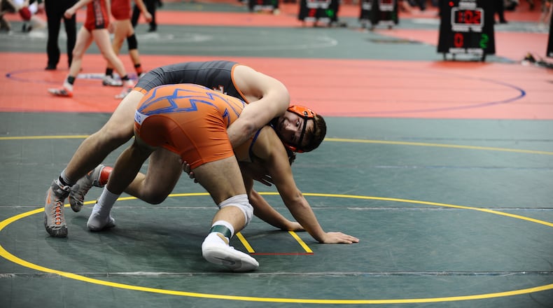 West Liberty-Salem senior Major Stratton competes at the Division III state wrestling championships Thursday in Columbus. Greg Billing / Contributed