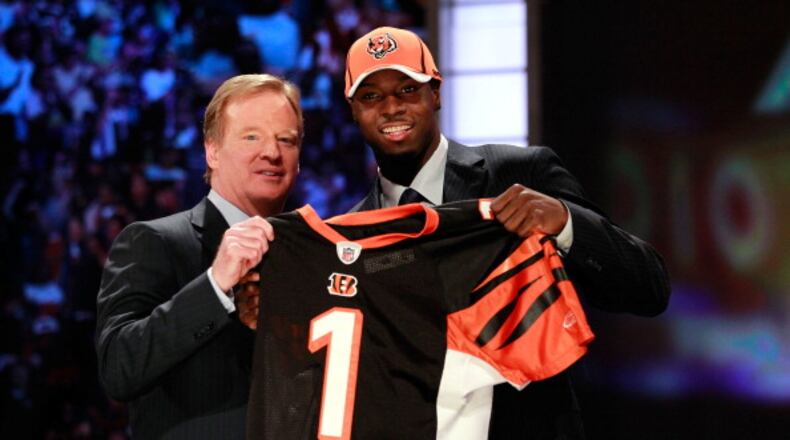 NEW YORK, NY - APRIL 28: NFL Commissioner Roger Goodell poses for a photo with A.J. Green, #4 overall pick by the Cincinnati Bengals, as Green holds up a jersey during the 2011 NFL Draft at Radio City Music Hall on April 28, 2011 in New York City. (Photo by Chris Trotman/Getty Images)
