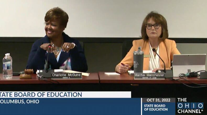 State school board President Charlotte McGuire (left) and Vice President Martha Manchester presented two of the resolutions that were considered on transgender policy, but theirs were not selected for vote by the full state board. PHOTO COURTESY THE OHIO CHANNEL