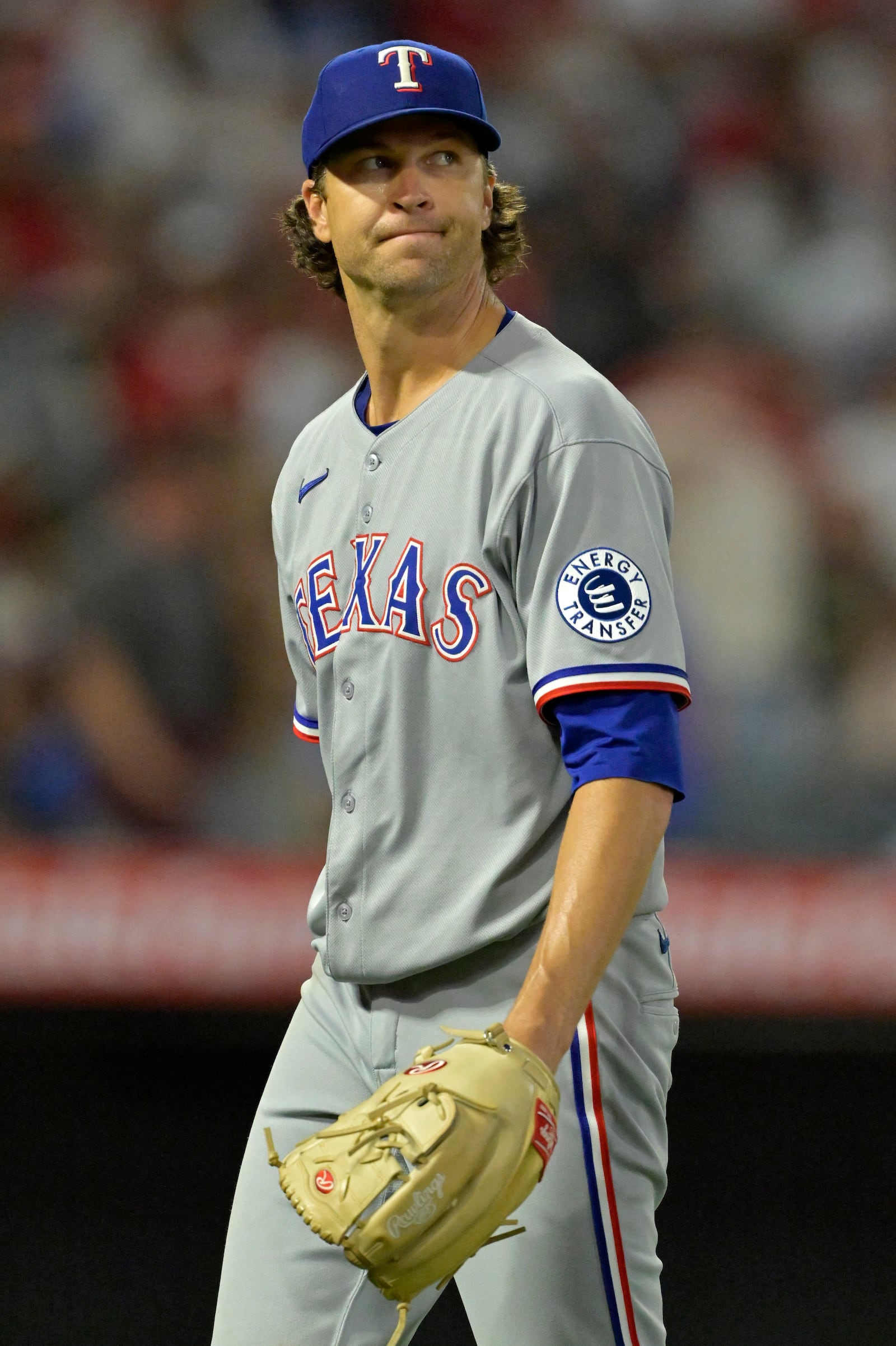 Texas Rangers starting pitcher Jacob deGrom walks off the mound following the fifth inning of a baseball game against the Los Angeles Angels, Monday, July 7, 2025, in Anaheim, Calif. (AP Photo/Jayne Kamin-Oncea)