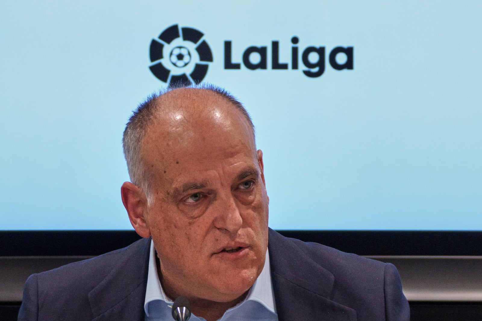 FILE - President of Spanish soccer league La Liga Javier Tebas speaks during a press conference in Madrid, Spain, Thursday, May 25, 2023. (AP Photo/Manu Fernandez, File)