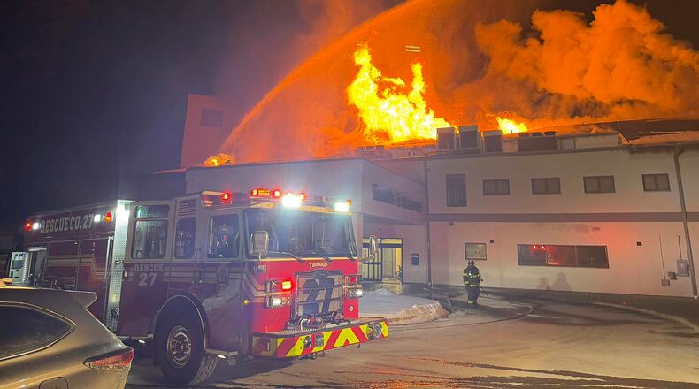 This photo provided by NEPA Fire Photography, shows firefighters battling a blaze at the Lehigh Valley Hospital on Wednesday, Feb. 4, 2026 in Dickson City, Pa. (NEPA Fire Photography via AP)