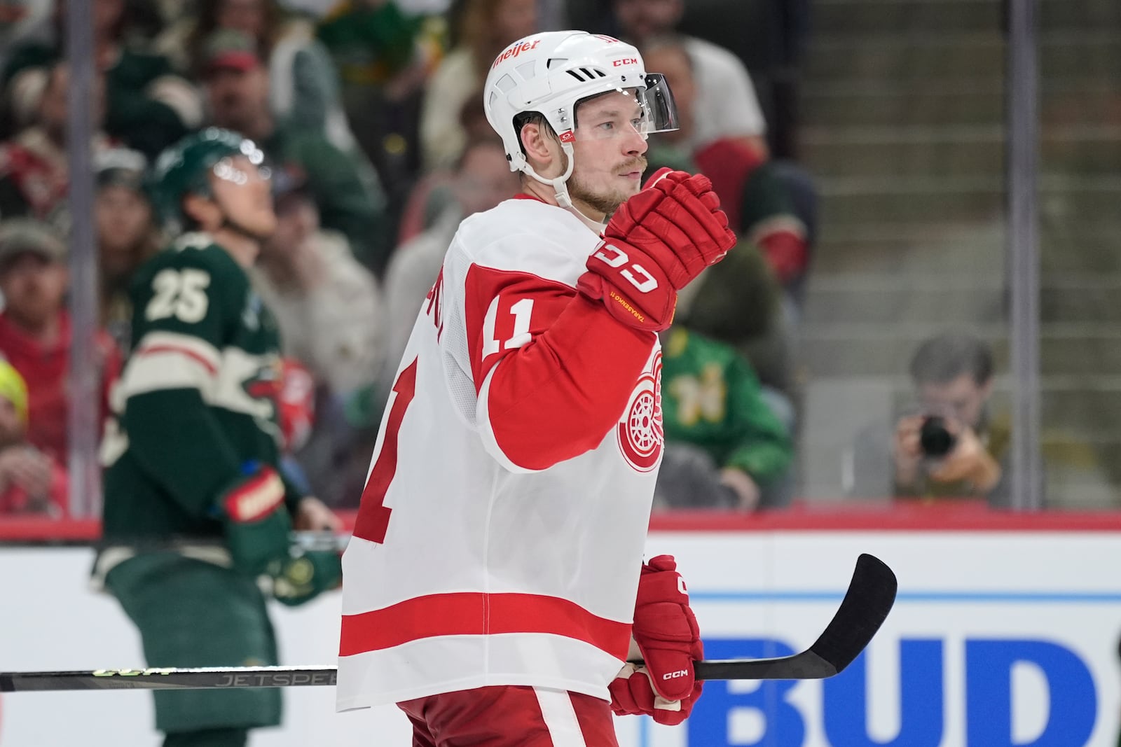 FILE - Detroit Red Wings right wing Vladimir Tarasenko (11) celebrates after scoring a goal during the second period of an NHL hockey game against the Minnesota Wild,, Feb. 25, 2025, in St. Paul, Minn. (AP Photo/Abbie Parr, file)
