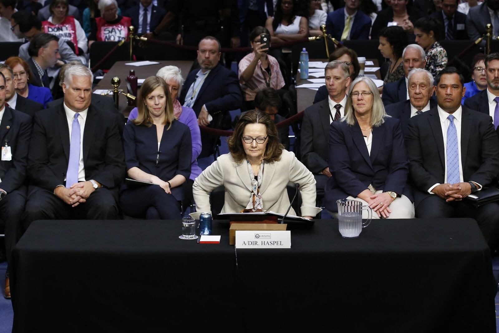 Acting Director of the Central Intelligence Agency Gina Haspel sits down after being sworn-in to testify during her confirmation hearing before the United States Senate Intelligence Committee on Capitol Hill in Washington, D.C., on Wednesday, May 9, 2018. (Alex Brandon/Pool via CNP/Sipa USA/TNS)