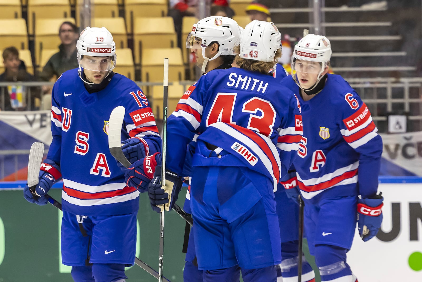 USA's forward Cutter Gauthier, left, celebrates his goal with his teammates, during the IIHF 2025 World Championship preliminary round group B game between USA and Hungary, at the Jyske Bank Boxen, in Herning, Denmark, Sunday, May 11, 2025. (Salvatore Di Nolfi/Keystone via AP)