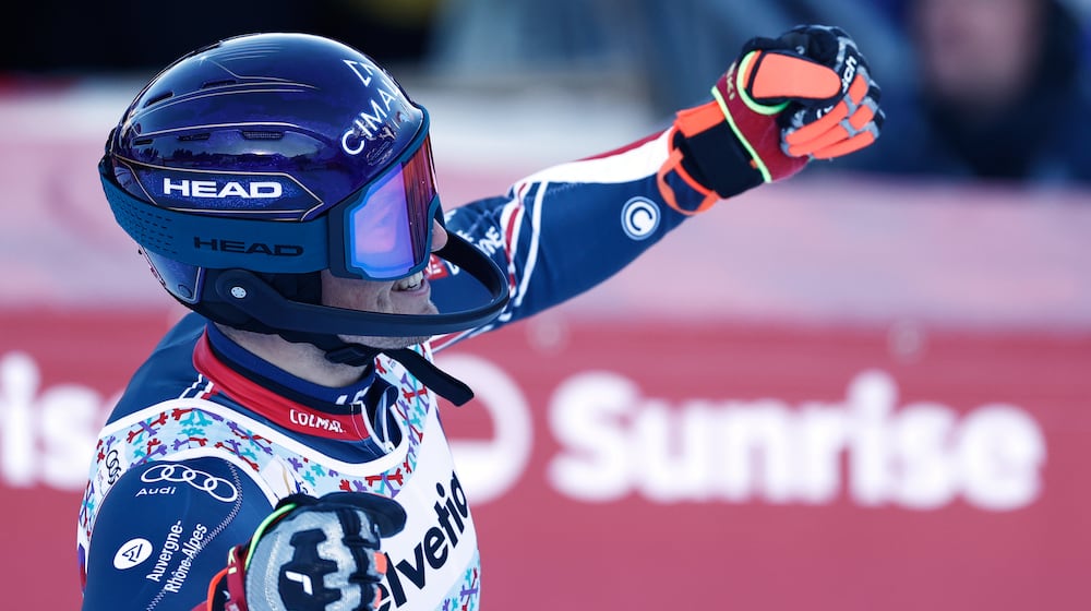 France's Paco Rassat reacts at the finish line during an alpine ski, men's World Cup slalom, in Adelboden, Switzerland, Sunday, Jan. 11, 2026. (AP Photo/Gabriele Facciotti)
