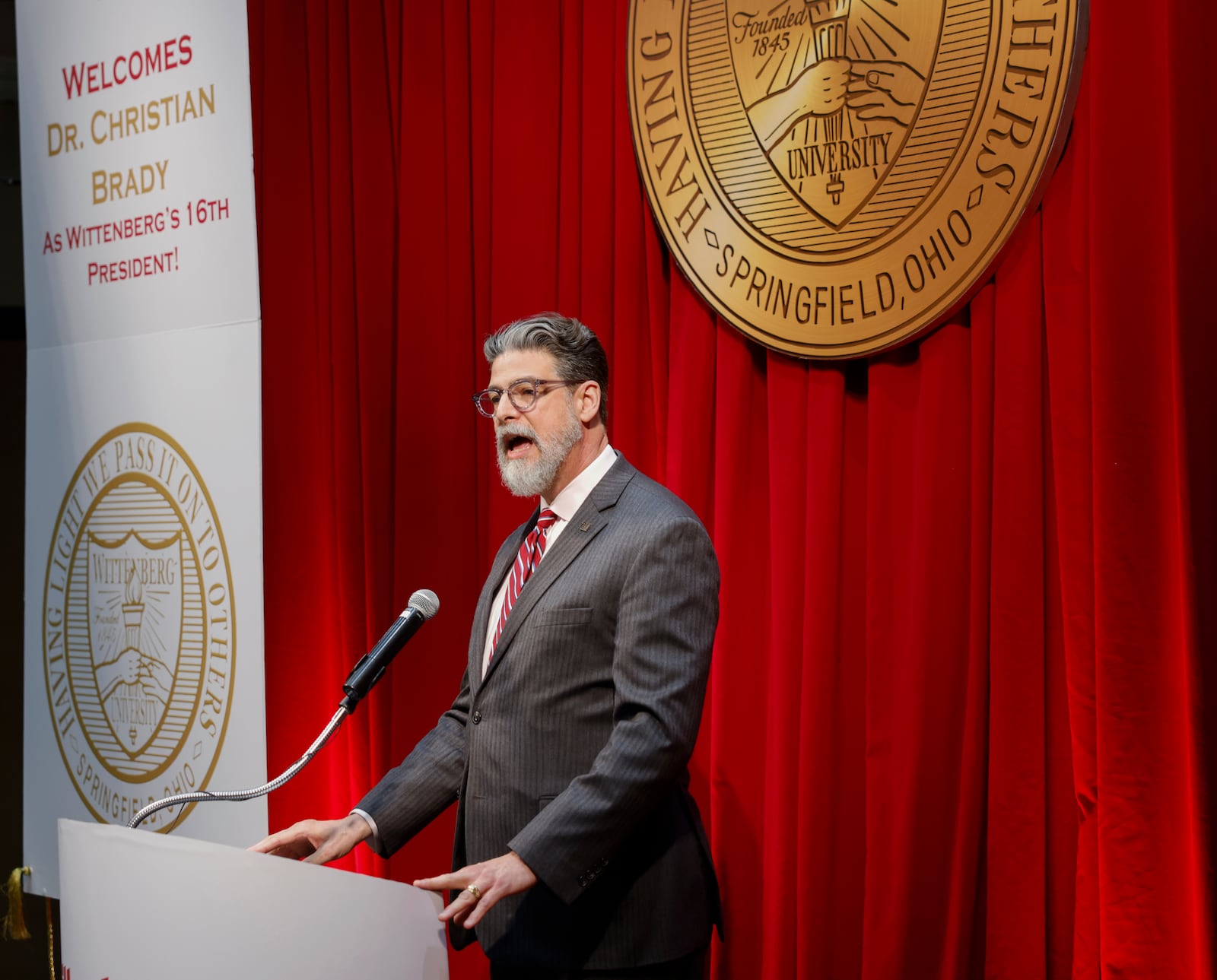 Dr. Christian M. M. Brady speaks during an event where he was announced as the 16th president as the new president on Friday, May 9, 2025, at Wittenberg University. JOSEPH COOKE/STAFF