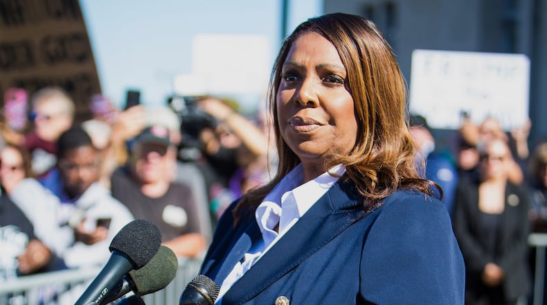 FILE - New York Attorney General, Letitia James, speaks after pleading not guilty outside the United States District Court on Friday, Oct. 24, 2025, in Norfolk, Va. (AP Photo/John Clark,File)