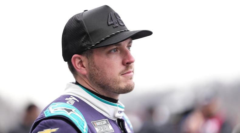 FILE - Alex Bowman looks on prior to NASCAR's The Clash preseason auto race, Feb. 4, 2026, in Winston-Salem, N.C. (AP Photo/Matt Kelley, File)