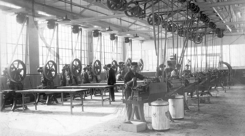 William Whiteley built his agricultural empire with the Champion reaper and even after his empire collapsed in the late 1880s, the production of the reapers continued at the factory of Warder, Bushnell, and Glessner on Lagonda. Lathe operators are shown here working at the plant in 1899, where they produced reapers and mowers. PHOTO COURTESY OF THE CLARK COUNTY HISTORICAL SOCIETY