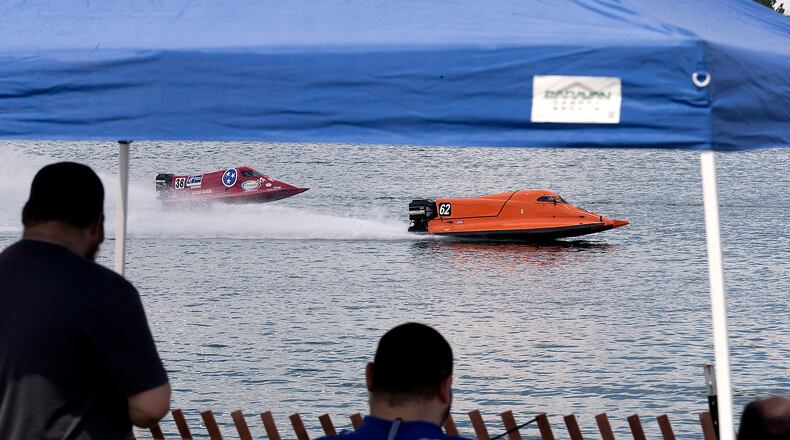 Formula 2 boat racers practice at Champions Park Lake Friday as they prepare for Wake the Lake 4 this weekend. BILL LACKEY/STAFF