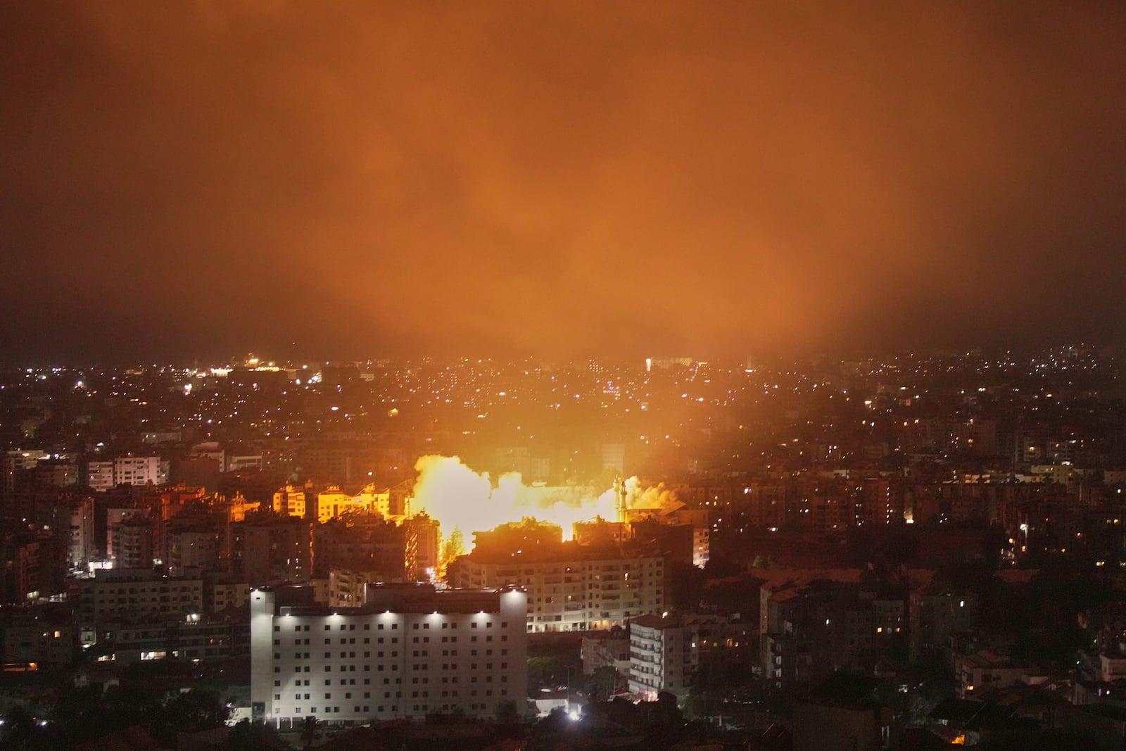 Flames rise following an Israeli airstrike on Dahiyeh in the southern suburb of Beirut, Lebanon, Thursday, June 5, 2025. (AP Photo/Hassan Ammar)