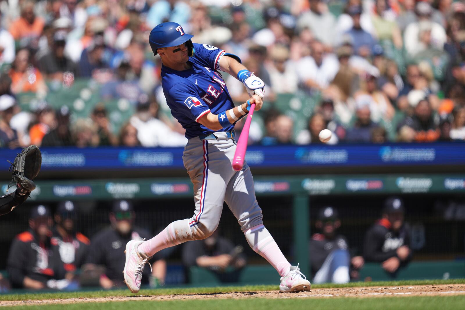 Texas Rangers' Josh Jung hits a two-run home run against the Detroit Tigers in the fifth inning during a baseball game, Sunday, May 11, 2025, in Detroit. (AP Photo/Paul Sancya)