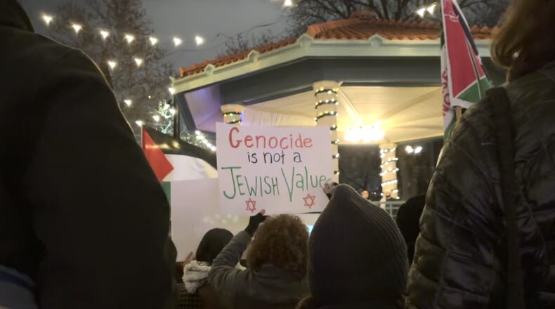 Leaders of faith groups rallied Sunday, Dec. 17, 2023 to call for peace and solidarity for the Palestinian families and children in Gaza. WCPO/VALERIE LYONS