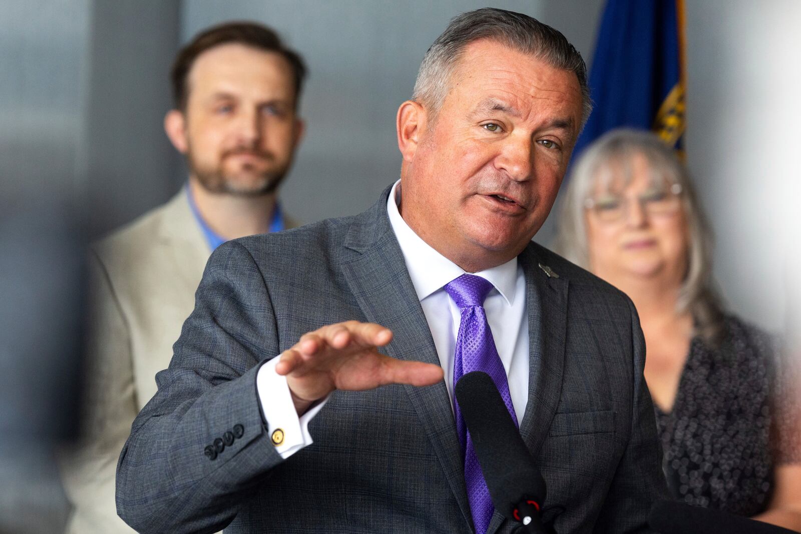 Rep. Don Bacon, R-Neb. announces his retirement during a press conference at Eppley Airfield in Omaha, Neb. on Monday, June 30, 2025. (Chris Machian/Omaha World-Herald via AP)