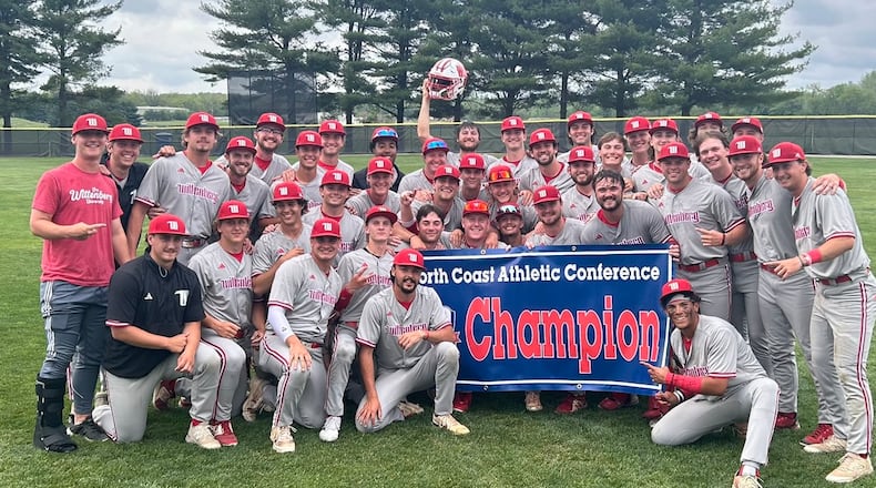The Wittenberg baseball team poses for a photo after claiming a share of the North Coast Athletic Conference regular-season championship on Saturday, May 4, 2024, at Kenyon. Wittenberg photo