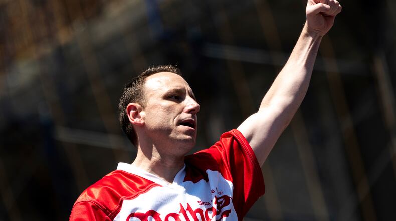 Joey Chestnut arrives at the Nathan’s Famous Fourth of July hot dog eating contest in Coney Island on Monday, July 4, 2022, in New York. Chestnut ate 63 hotdogs to win the men's division of the contest. (AP Photo/Julia Nikhinson)