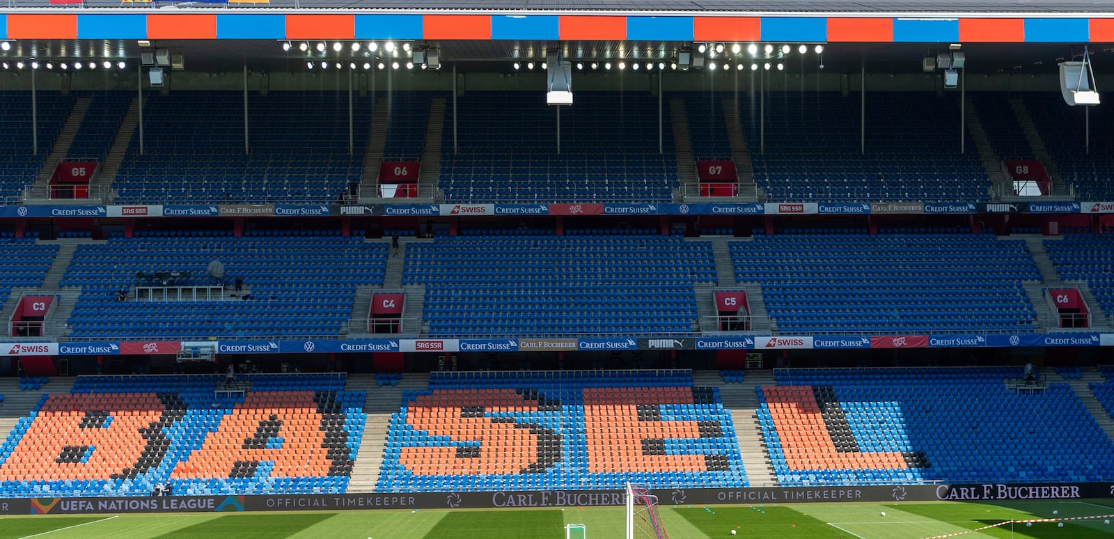 FILE - This Sept. 5, 2020 file photo shows part of the St. Jakob-Park stadium in Basel, Switzerland where the 2025 Women's European Championship soccer tournament's final will take place. (Georgios Kefalas/Keystone via AP, file)