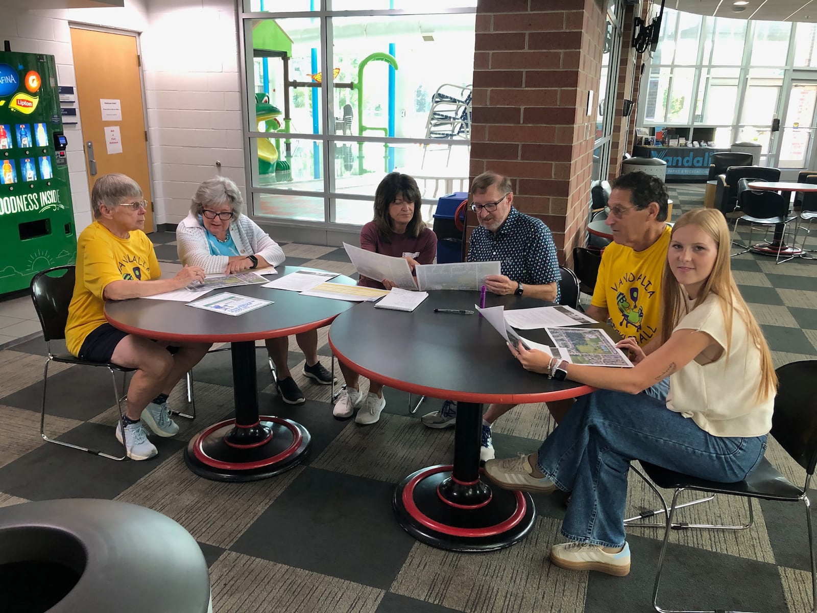 Frank Beeson joined the Vandalia Butler Foundation board in December of last year. He came up with an idea for a fundraiser to be held September 26 -27th. Committee Members of the 36-hour Pickleball Marathon, Paddle-Palooza review aerial maps of the Sept. 26-27 festival area, scheduled for Helke Park, Vandalia.  From Left-Right:  Carol Cross (Vandalia Pickleball Association), Denise Eder (Vandalia-Butler Foundation), Julie Trick (Vandalia-Butler Foundation), Frank Beeson (Paddle-Palooza Chair, Vandalia-Butler Foundation), Mike Seaman (Vandalia Pickleball Association), and Maecie Burkhardt (City of Vandalia Parks & Recreation). CONTRIBUTED