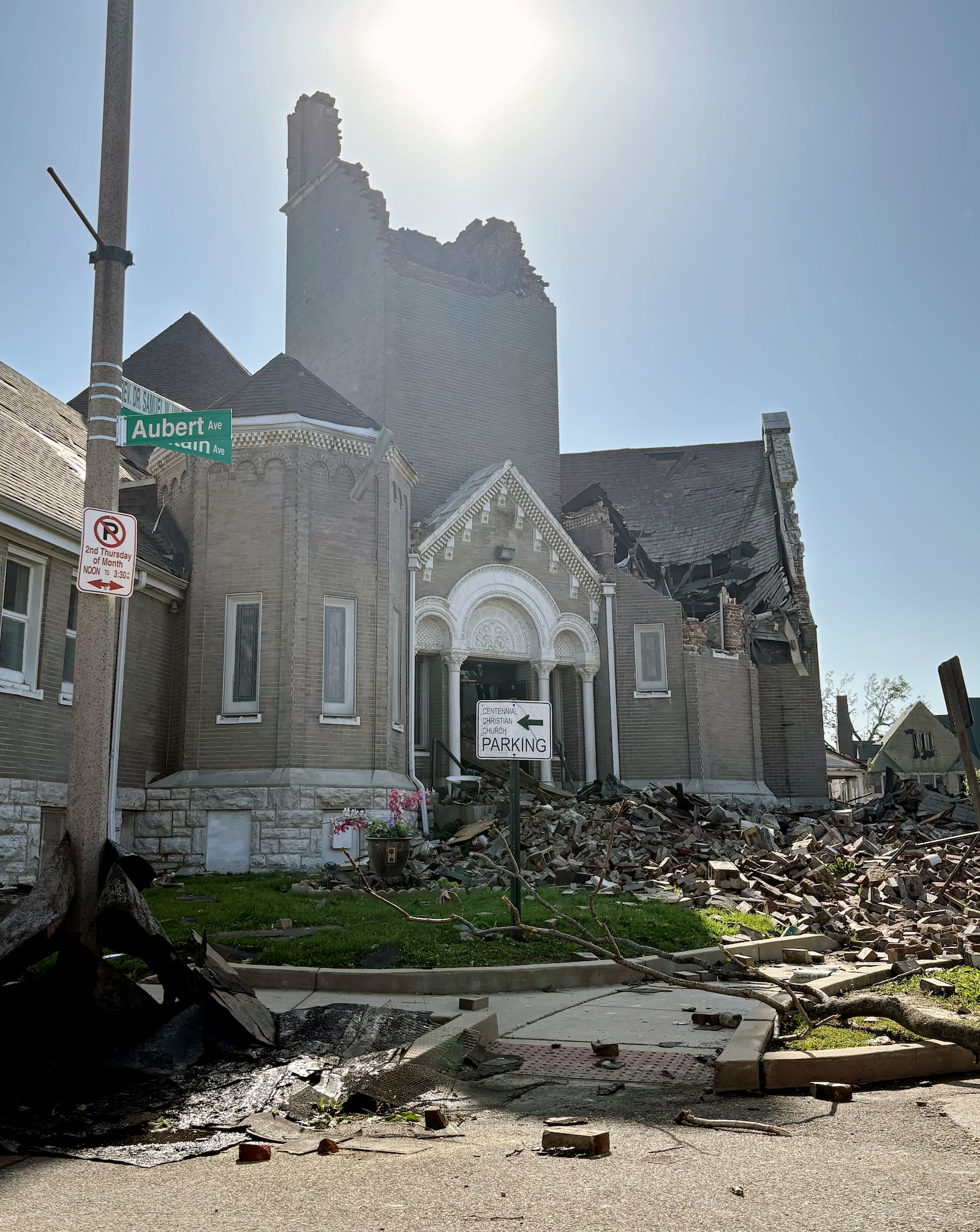 Part of Centennial Christian Church in St. Louis, Missouri, collapsed on Friday, May 16, 2025 when severe storms, including a possible tornado, swept through the city. (AP Photo/Michael Phillis)