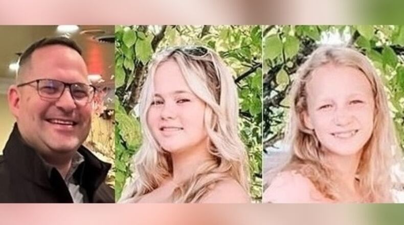 Nathan Johnson, 45, of Fairborn, left, and his two eldest daughters Savannah, 15, center, and Karaline, 13, were tragically killed June 29, 2023, in a crash on Interstate 70 in Guernsey County on the way to a national dance championship in Ocean City, Maryland.