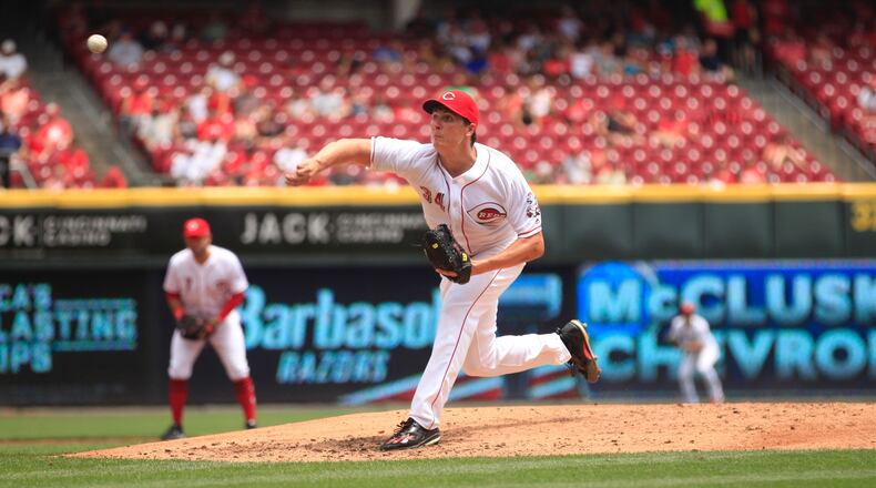 Reds starter Homer Bailey pitches against the Nationals on Sunday, July 16, 2017, at Great American Ball Park in Cincinnati. David Jablonski/Staff