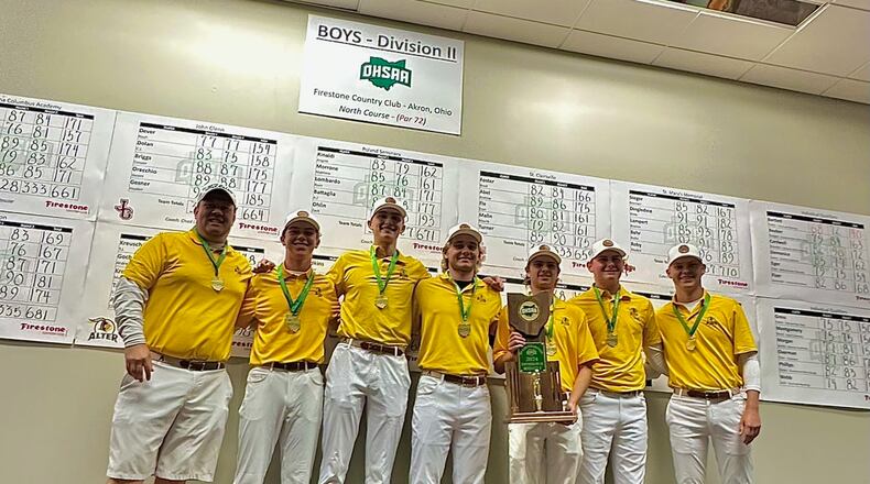 The Alter boys golf team poses with the Division II state championship trophy on Monday, Oct. 14, 2024, in Akron. OHSAA photo