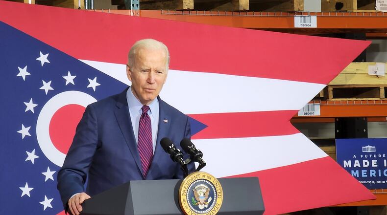President Joe Biden speaks Friday, May 6, 2022, at United Performance Metals in Hamilton. He spoke on the importance of American manufacturing and urged Congress to pass legislation such as the Bipartisan Innovation Act. NICK GRAHAM/STAFF