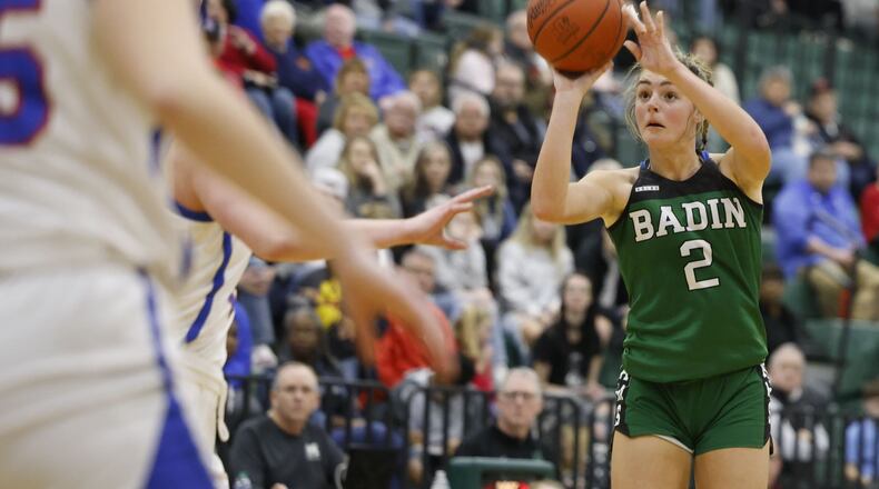 Badin's Braelyn Even puts up a shot during their 53-39 win over Carroll Patriots in their Division II District final basketball game Friday, Feb. 24, 2023 at Mason Middle . NICK GRAHAM/STAFF