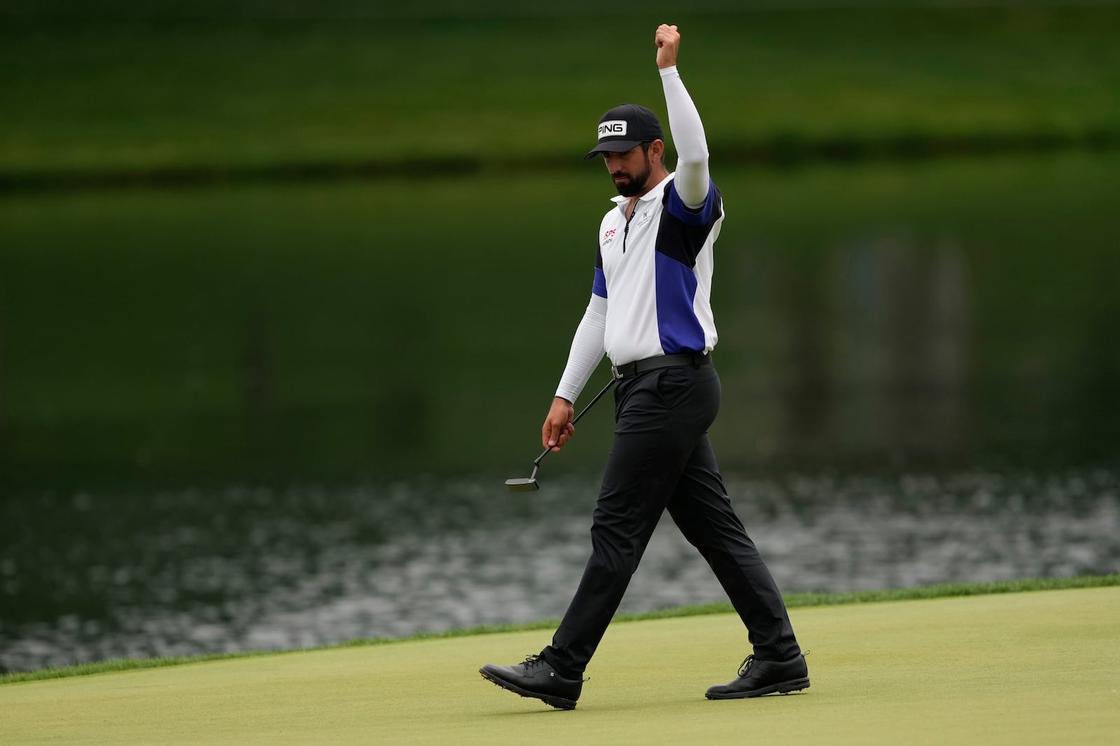 Matthieu Pavon, of France, reacts on the 17th hole during the second round of the PGA Championship golf tournament at the Quail Hollow Club, Friday, May 16, 2025, in Charlotte, N.C. (AP Photo/Matt York)