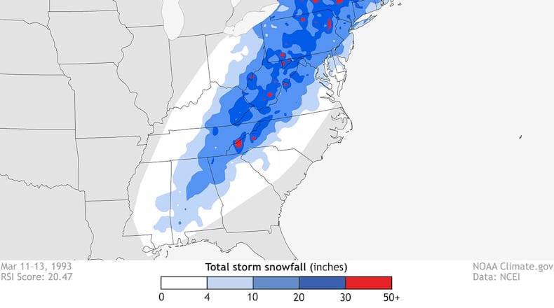 A “Superstorm” that hit the United States 25 years ago is still one that meteorologists study today. Images courtesy of the National Weather Service.