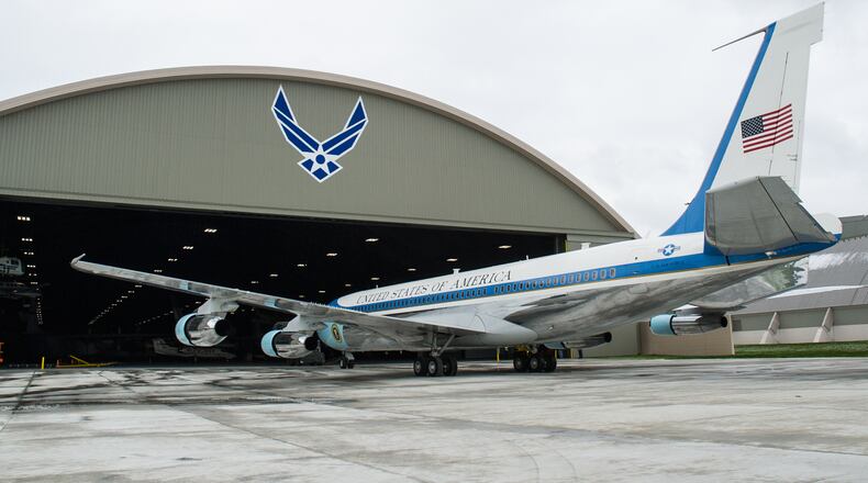 The VC-137C Air Force One (SAM 26000) being towed into the fourth building at the National Museum of the United States Air Force on April 9, 2016. (U.S. Air Force photo by Ken LaRock)