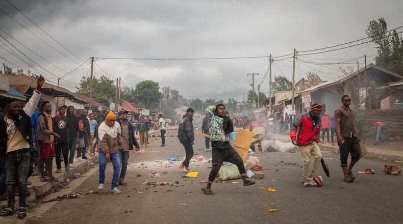 People protest in the streets of Arusha, Tanzania, on Thursday, Oct. 30, 2025. (AP Photo)