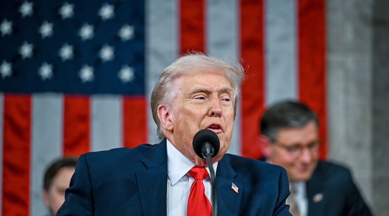 President Donald Trump delivers the State of the Union address to a joint session of Congress in the House chamber at the U.S. Capitol in Washington, Tuesday, Feb. 24, 2026. (Kenny Holston/The New York Times via AP, Pool)