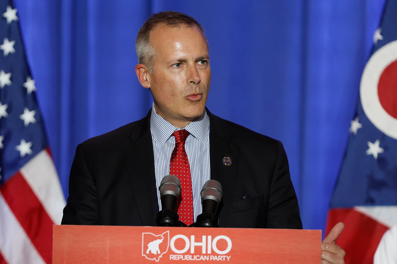 FILE - Republican Ohio treasurer Robert Sprague speaks during an election night watch party Tuesday, Nov. 8, 2022, in Columbus, Ohio. (AP Photo/Jay LaPrete)