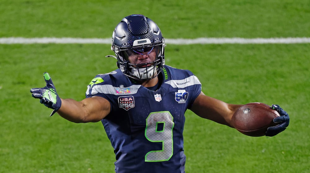 Seattle Seahawks running back Kenneth Walker III (9) in the fourth quarter against the New England Patriots during Super Bowl LX at Levi's Stadium, in Santa Clara, Calif., Sunday, Feb. 8, 2026. (Santiago Mejia/San Francisco Chronicle via AP)