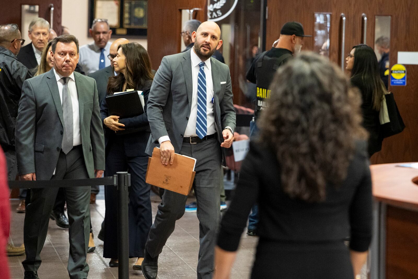 El Paso District Attorney James Montoya walks outside the 409th District Court after Patrick Crusius pleaded guilty in the death of 23 people in the Aug. 3. 2019 Walmart Mass shooting, Monday, April 21, 2025, in El Paso, Texas. (AP Photo/Ivan Pierre Aguirre)