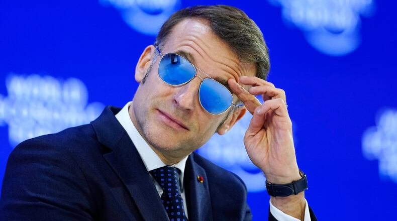 French President Emmanuel Macron is seen during the Annual Meeting of the World Economic Forum in Davos, Switzerland, Tuesday, Jan. 20, 2026. (AP Photo/Markus Schreiber)