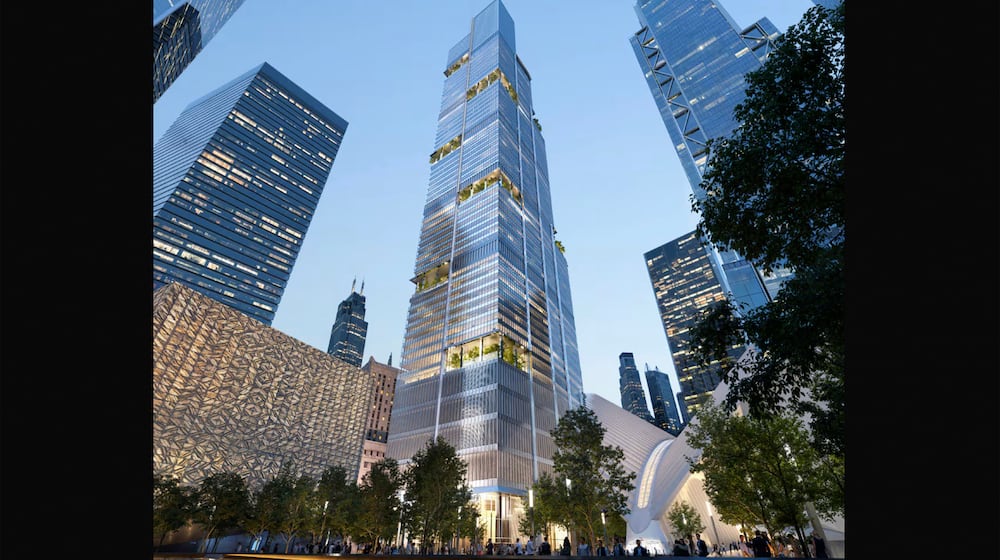 This rendering provided by Foster+Partners shows an office tower planned for 2 World Trade Center as the new headquarters for American Express in New York. (Foster+Partners via AP)