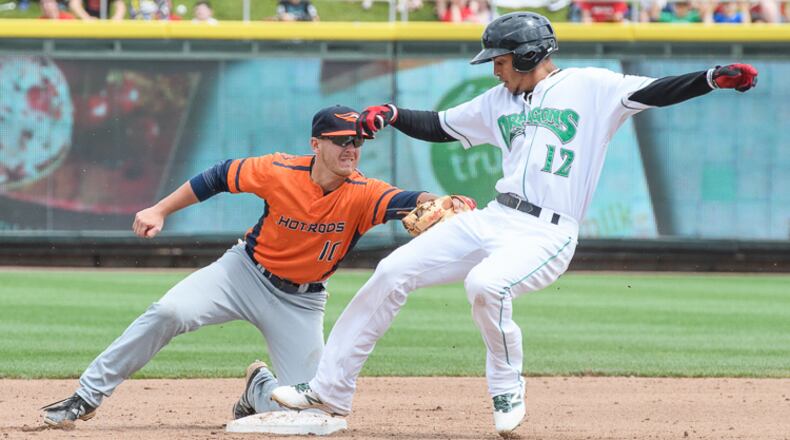 Dayton’s Jose Siri tries to avoid a tag by Bowling Green’s Michael Brosseau during the sixth inning of a game on Sunday afternoon at Fifth Third Field. Siri was called out on the play. Contriubted Photo by Bryant Billing