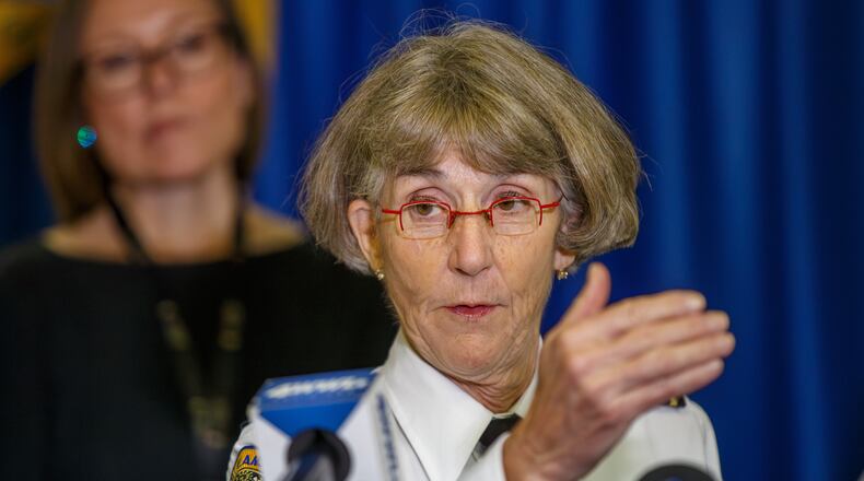 New Orleans Police Department superintendent Anne Kirkpatrick speaks about final 2025 crime statistics for the city during a news conference at police headquarters in New Orleans, Monday, Jan. 5, 2026. (David Grunfeld/The Times-Picayune/The New Orleans Advocate via AP)