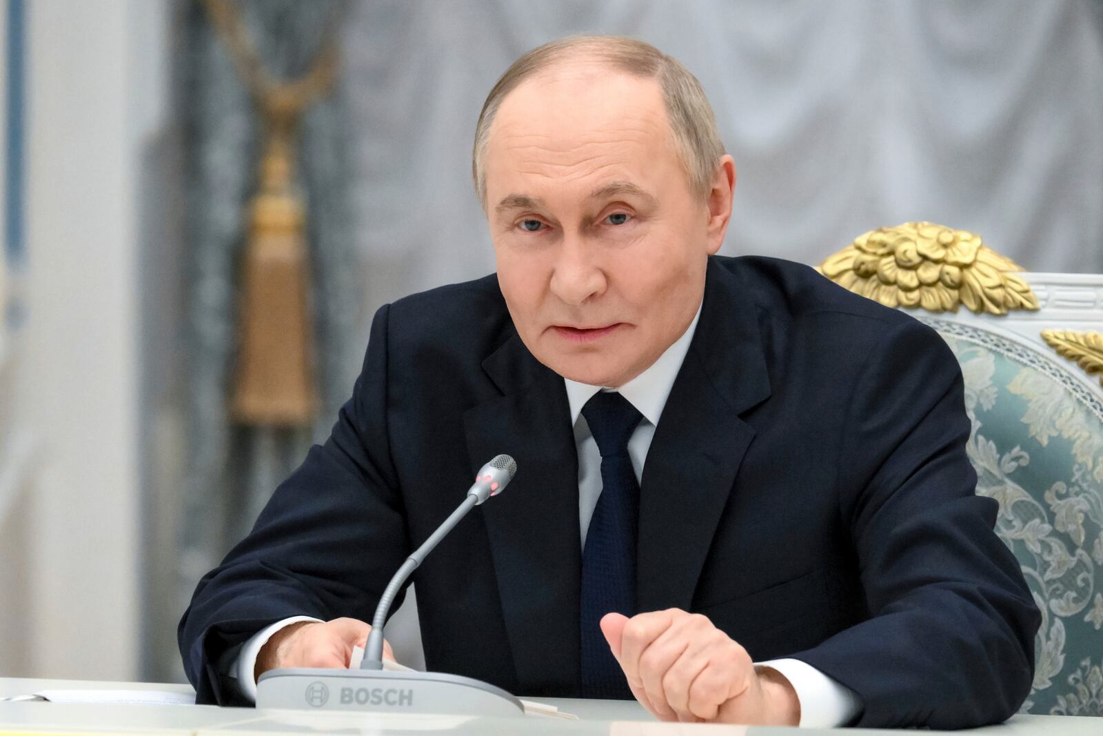 FILE - Russian President Vladimir Putin holds a meeting with members of Russia's business community at the Kremlin in Moscow, Russia, Monday, May 26, 2025. (Grigory Sysoyev, Sputnik, Kremlin Pool Photo via AP, File)