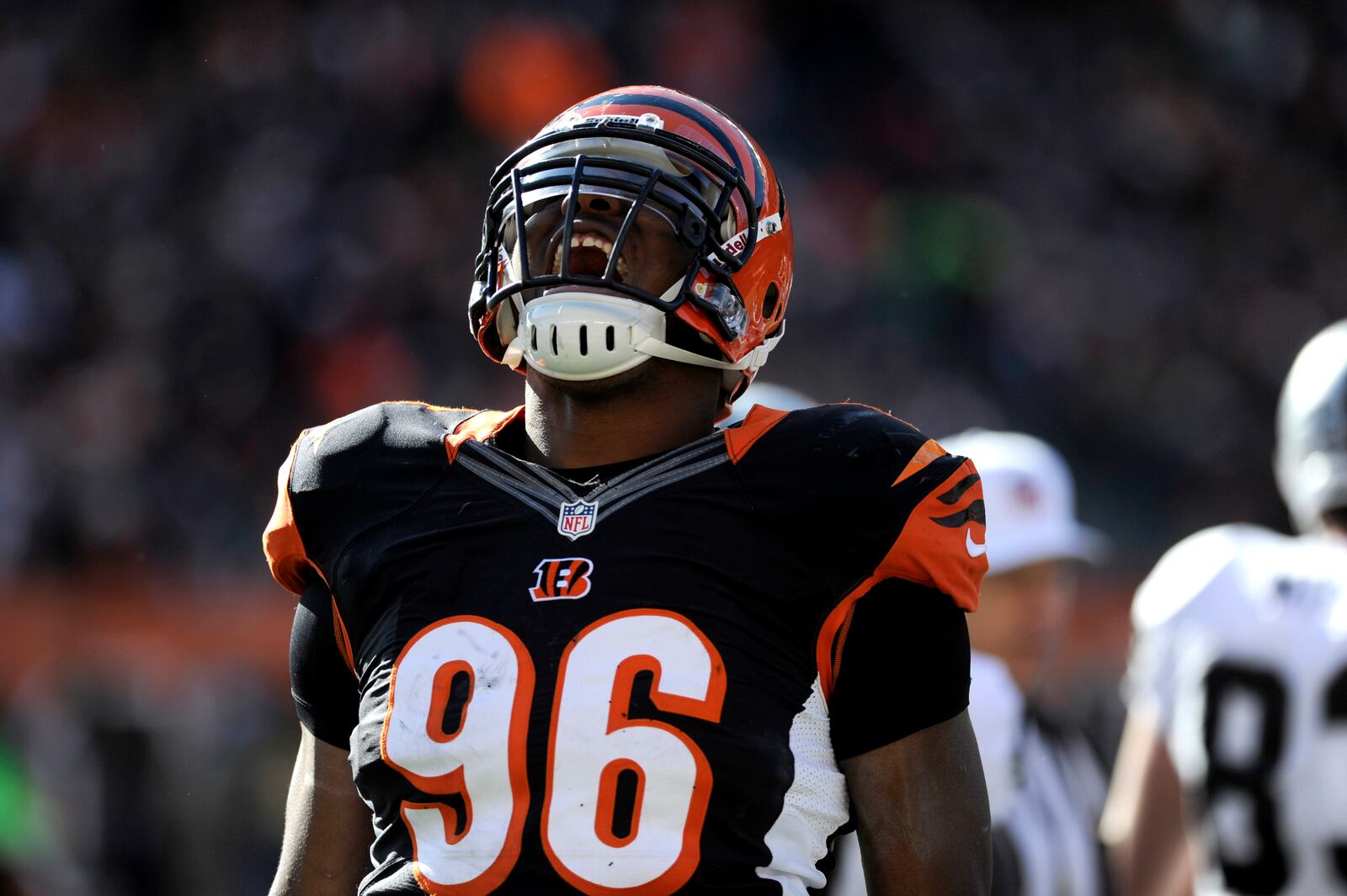 Cincinnati Bengals defensive end Carlos Dunlap celebrates after tackled an Oakland Raiders player. The Bengals defeated the Oakland Raiders 34-10 during their Sunday, Nov. 25, 2012 game at Paul Brown Stadium. file photo