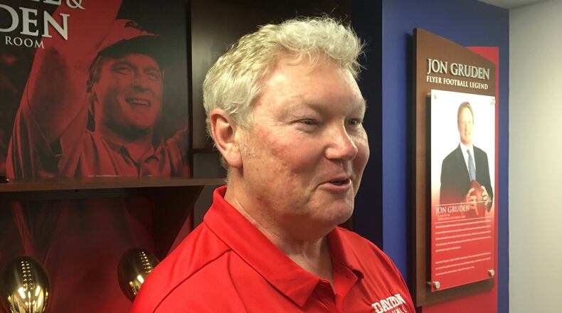 Dayton football coach Rick Chamberlin talks to reporters on Wednesday, Aug. 7, 2019, at the Frericks Center. David Jablonski/Staff