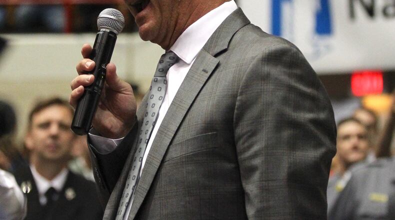 Ohio State's Urban Meyer speaks at the Skull Session at St. John Arena on Saturday, Sept. 22, 2018, in Columbus. David Jablonski/Staff
