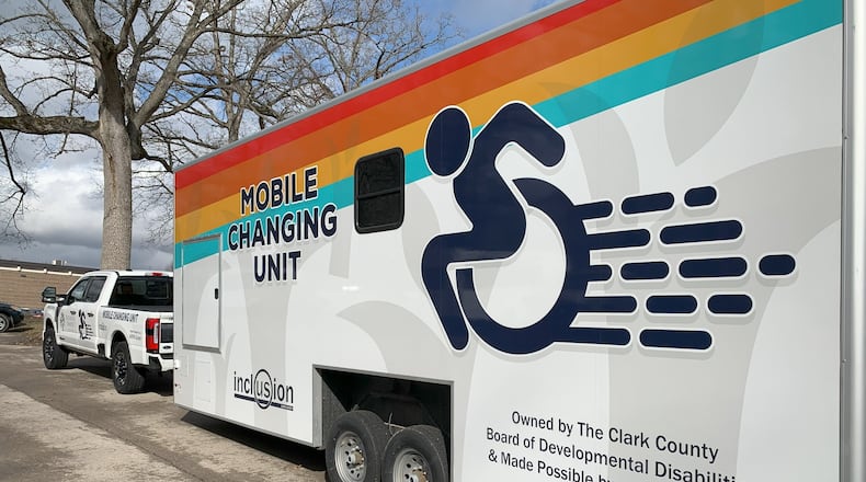 Developmental Disabilities of Clark County now has a new mobile changing unit that will help people who use wheelchairs have an accessible restroom facility. It includes a ramp, toilet, sing, motorized changing table complete with a Hoyer lift, and a shower capability. Brooke Spurlock/Staff