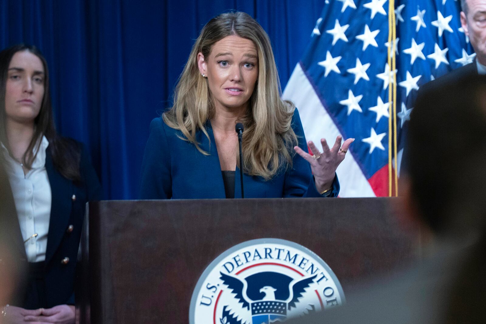 DHS Assistant Secretary for Public Affairs Tricia McLaughlin speaks during a news conference at ICE Headquarters, in Washington, Wednesday, May 21, 2025. (AP Photo/Jose Luis Magana)